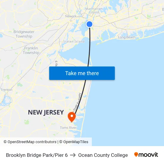 Brooklyn Bridge Park/Pier 6 to Ocean County College map
