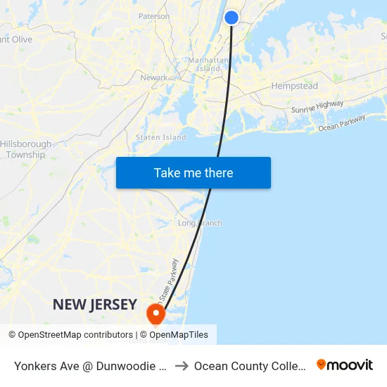 Yonkers Ave @ Dunwoodie St to Ocean County College map