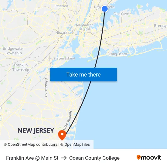 Franklin Ave @ Main St to Ocean County College map
