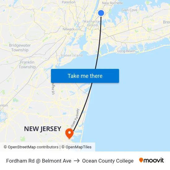 Fordham Rd @ Belmont Ave to Ocean County College map