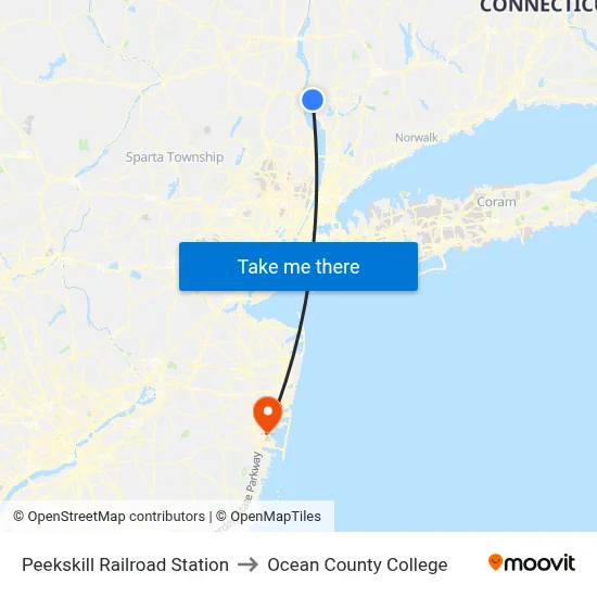 Peekskill Railroad Station to Ocean County College map