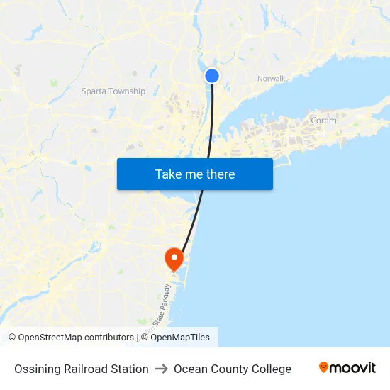 Ossining Railroad Station to Ocean County College map