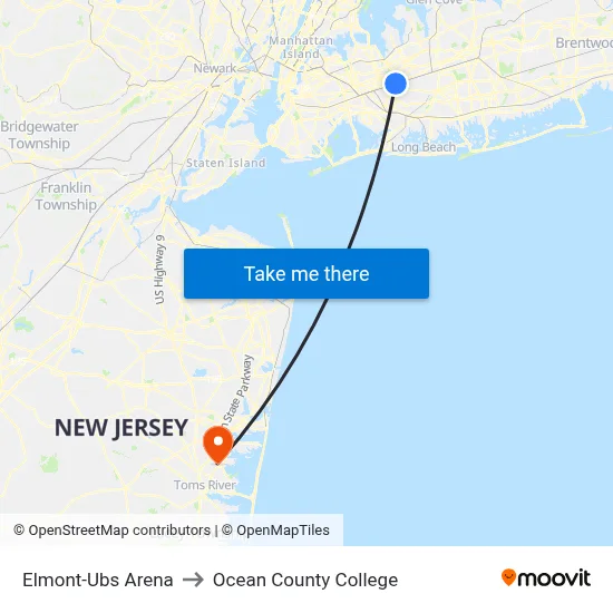 Elmont-Ubs Arena to Ocean County College map