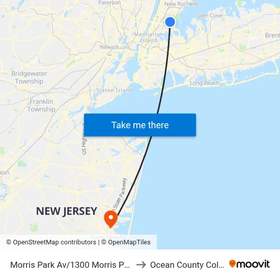 Morris Park Av/1300 Morris Park Av to Ocean County College map