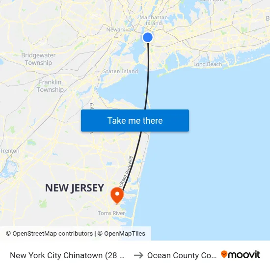 New York City Chinatown (28 Allen St) to Ocean County College map