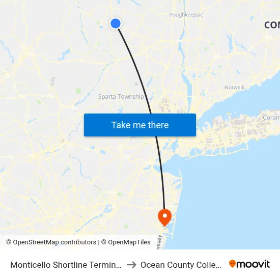 Monticello Shortline Terminal to Ocean County College map
