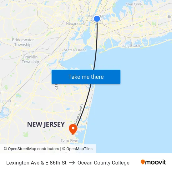 Lexington Ave & E 86th St to Ocean County College map