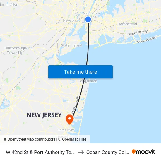 W 42nd St & Port Authority Terminal to Ocean County College map