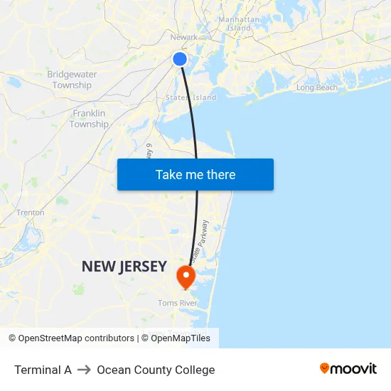 Terminal A to Ocean County College map