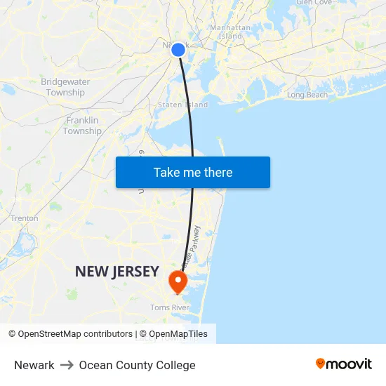 Newark to Ocean County College map