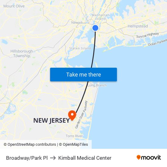 Broadway/Park Pl to Kimball Medical Center map