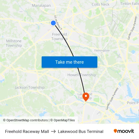 Freehold Raceway Mall to Lakewood Bus Terminal map