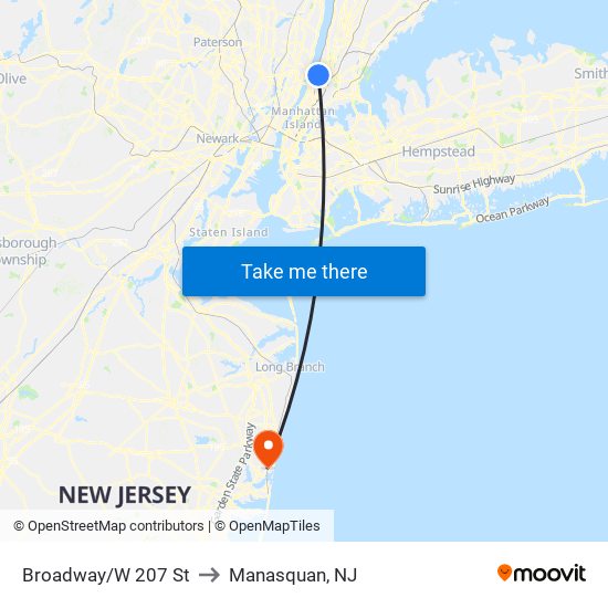 Broadway/W 207 St to Manasquan, NJ map