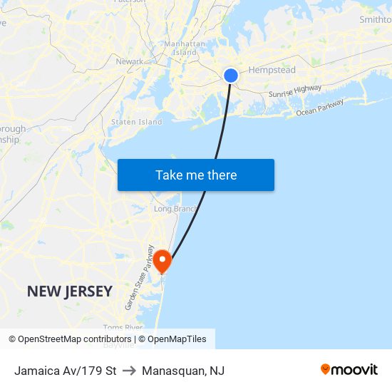Jamaica Av/179 St to Manasquan, NJ map