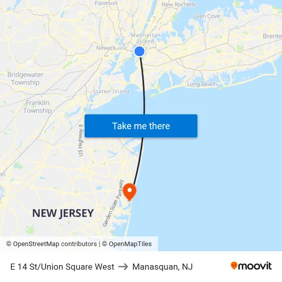 E 14 St/Union Square West to Manasquan, NJ map