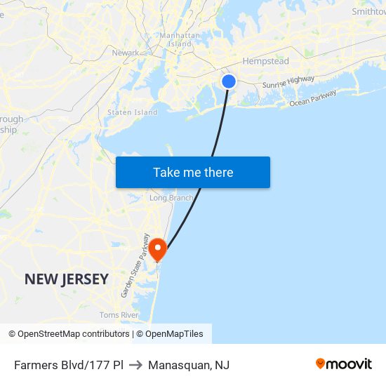 Farmers Blvd/177 Pl to Manasquan, NJ map