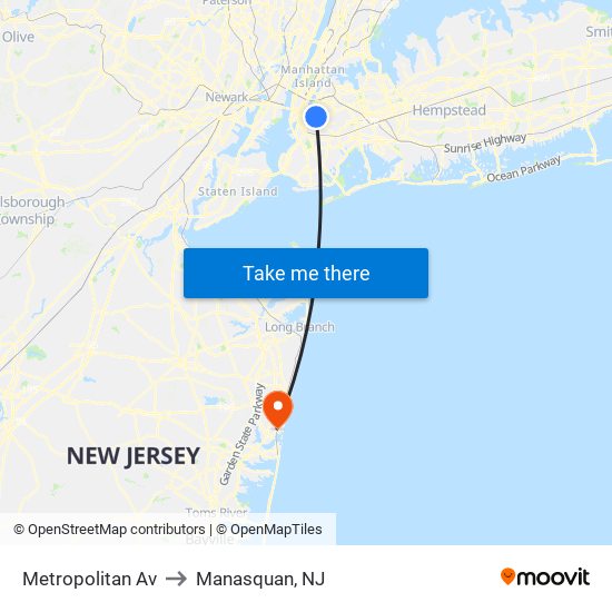 Metropolitan Av to Manasquan, NJ map