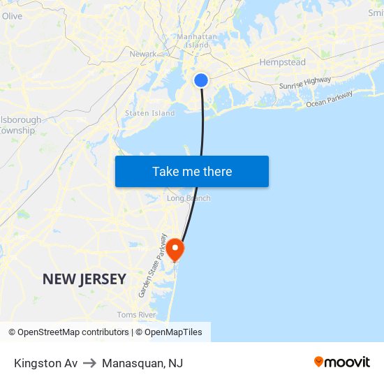 Kingston Av to Manasquan, NJ map