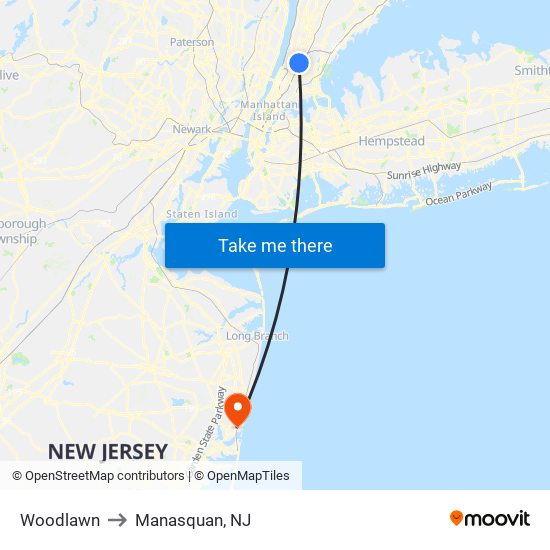 Woodlawn to Manasquan, NJ map