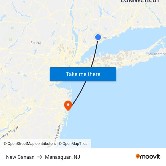 New Canaan to Manasquan, NJ map