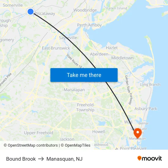 Bound Brook to Manasquan, NJ map