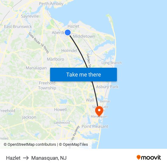 Hazlet to Manasquan, NJ map