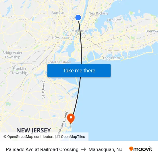 Palisade Ave at Railroad Crossing to Manasquan, NJ map
