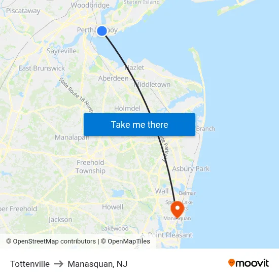 Tottenville to Manasquan, NJ map