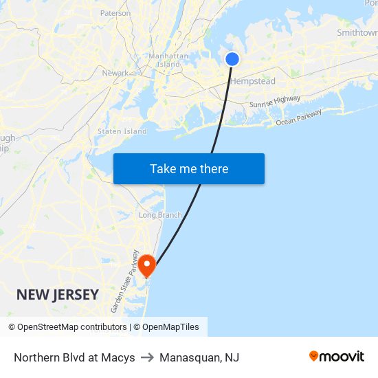Northern Blvd at Macys to Manasquan, NJ map