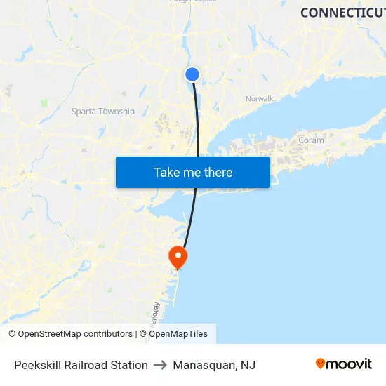 Peekskill Railroad Station to Manasquan, NJ map