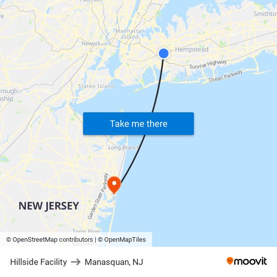 Hillside Facility to Manasquan, NJ map