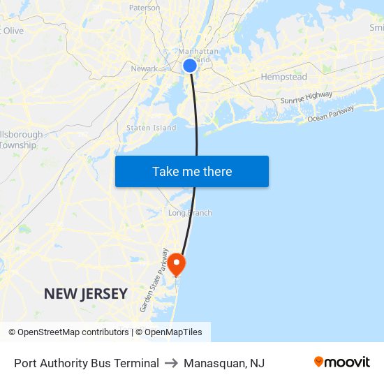 Port Authority Bus Terminal to Manasquan, NJ map