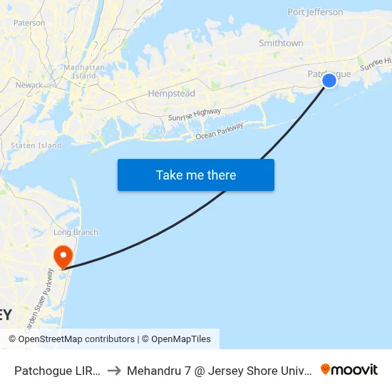 Patchogue LIRR (77, 77y) to Mehandru 7 @ Jersey Shore University Medical Center map