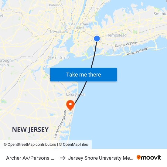 Archer Av/Parsons Blvd Bay D to Jersey Shore University Medical Center map