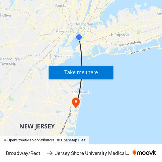 Broadway/Rector St to Jersey Shore University Medical Center map