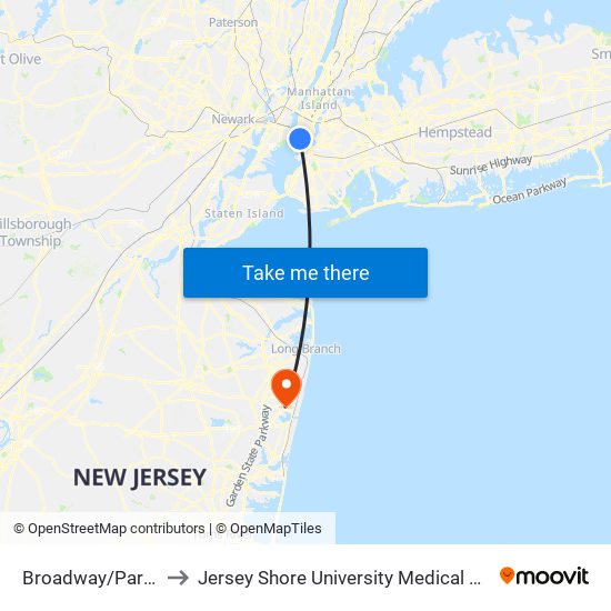 Broadway/Park Pl to Jersey Shore University Medical Center map