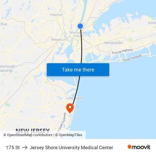 175 St to Jersey Shore University Medical Center map