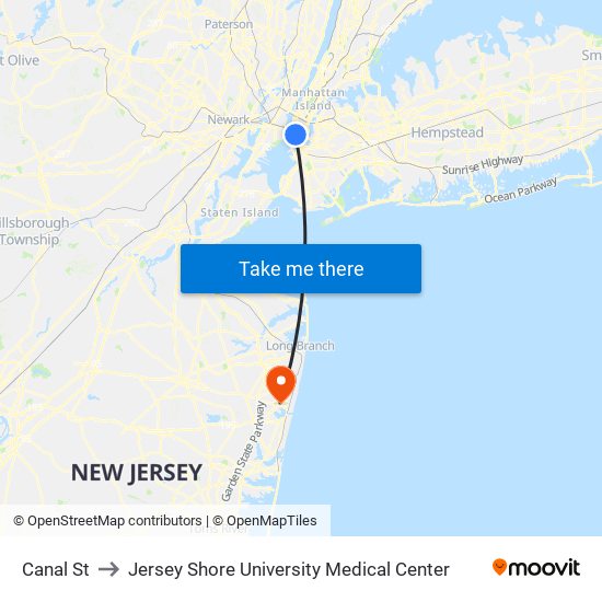 Canal St to Jersey Shore University Medical Center map