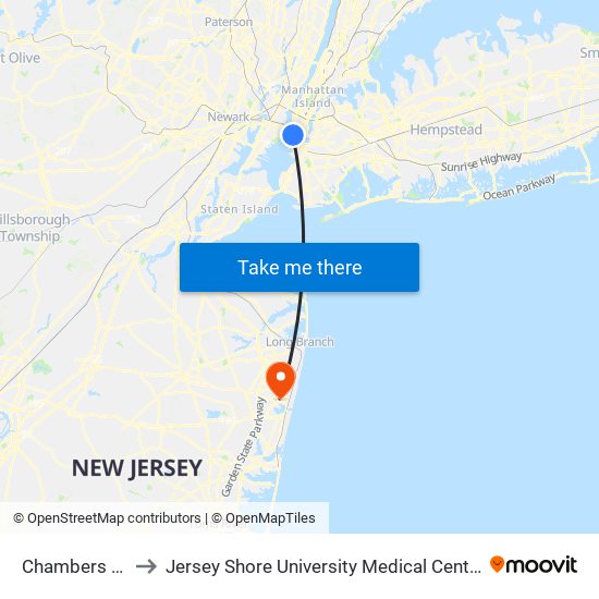 Chambers St to Jersey Shore University Medical Center map