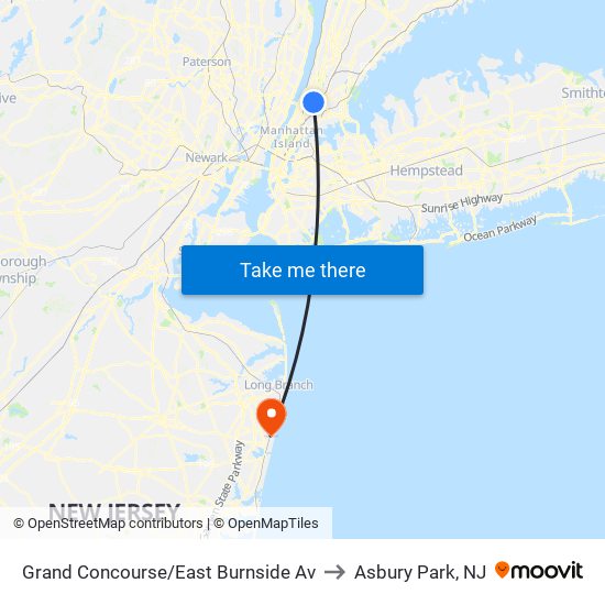 Grand Concourse/East Burnside Av to Asbury Park, NJ map