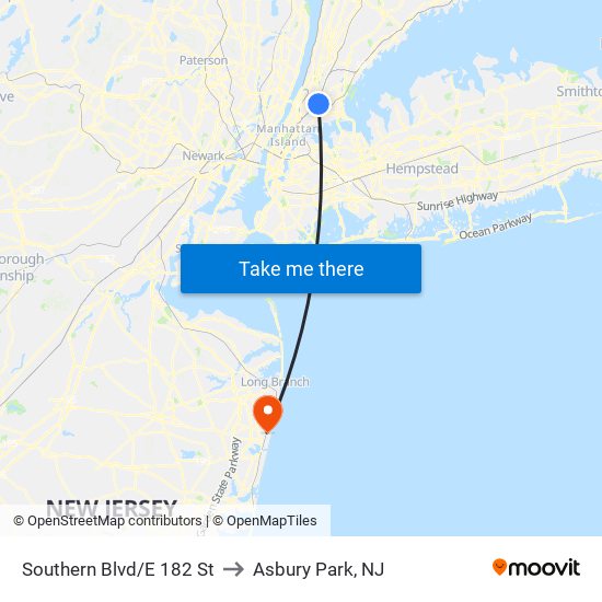 Southern Blvd/E 182 St to Asbury Park, NJ map