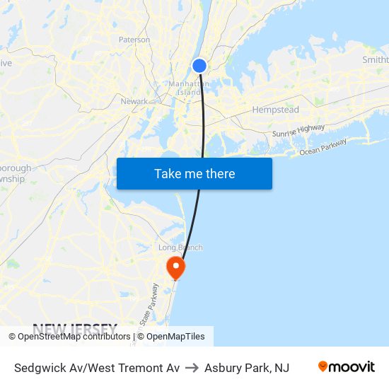 Sedgwick Av/West Tremont Av to Asbury Park, NJ map
