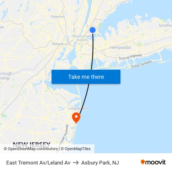 East Tremont Av/Leland Av to Asbury Park, NJ map