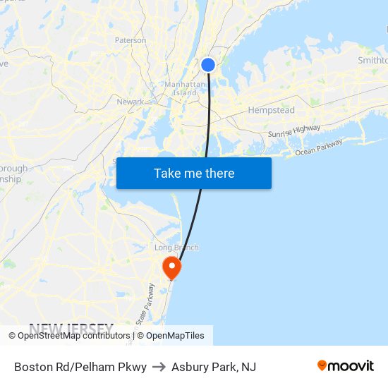 Boston Rd/Pelham Pkwy to Asbury Park, NJ map