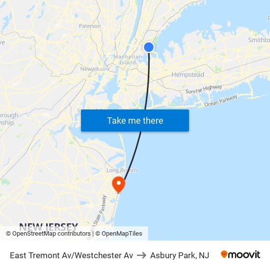 East Tremont Av/Westchester Av to Asbury Park, NJ map