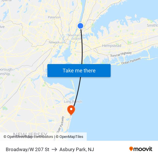 Broadway/W 207 St to Asbury Park, NJ map