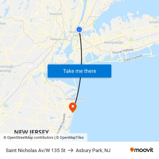 Saint Nicholas Av/W 135 St to Asbury Park, NJ map