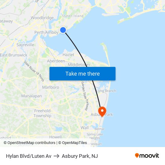 Hylan Blvd/Luten Av to Asbury Park, NJ map