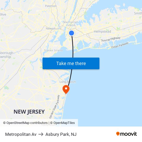 Metropolitan Av to Asbury Park, NJ map