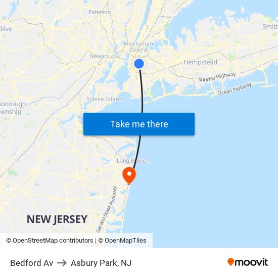 Bedford Av to Asbury Park, NJ map